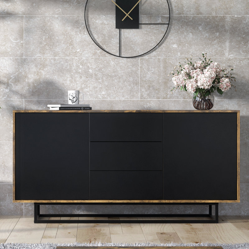 Vintage Loft Industrial Sideboard with Cabinet, Cupboard, and Drawers, Industrial/Black