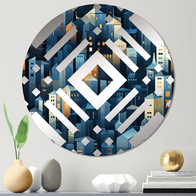 Motif de paysage urbain beige et bleu - Miroir décoratif à losanges, 23,6 po x 23,6 po