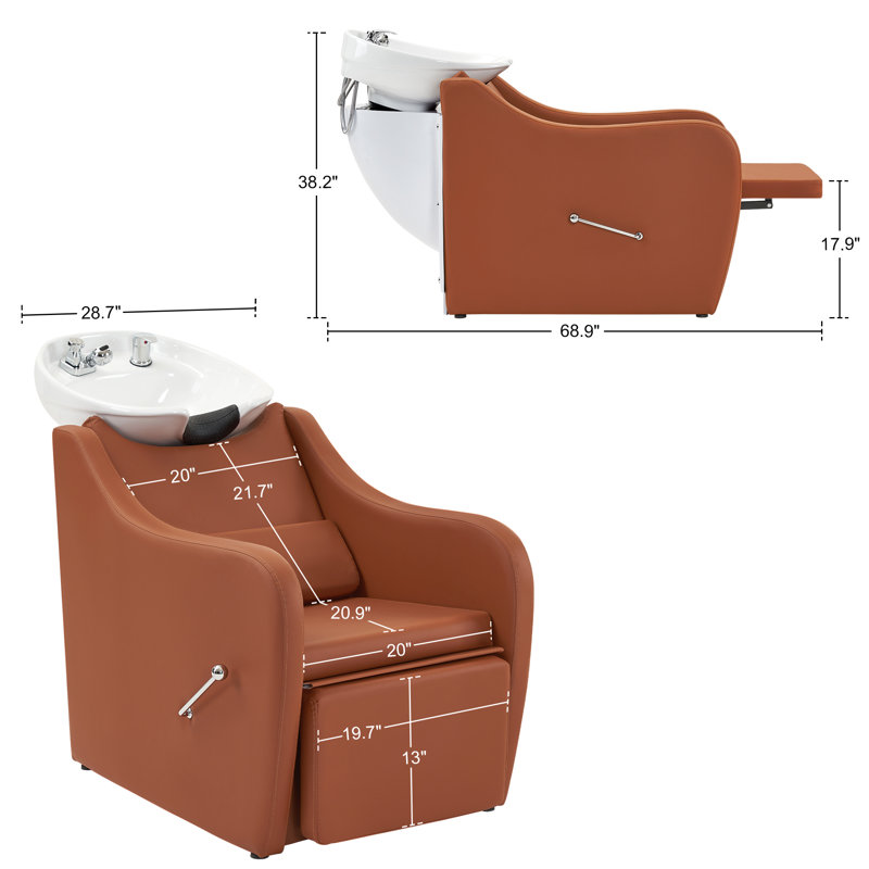 Shampoo Barber Backwash Chair Extended, Ceramic Shampoo Bowl Sink Chair, Caramel Faux Leather