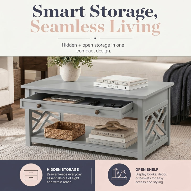 Coventry 36” Coffee Table with Drawer & Shelf, Gray
