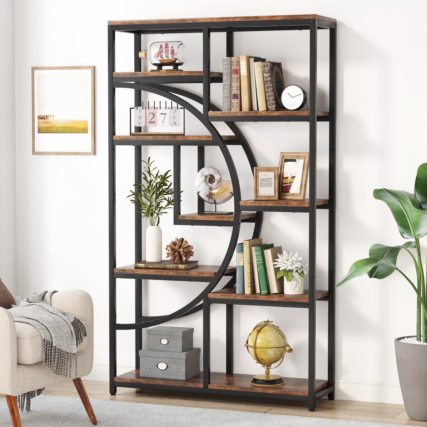 Oscer Bookshelf Industrial 5 Tier Etagere Bookcase Bookshelves for Living Room, Bedroom 17 Stories Color: Black/Brown