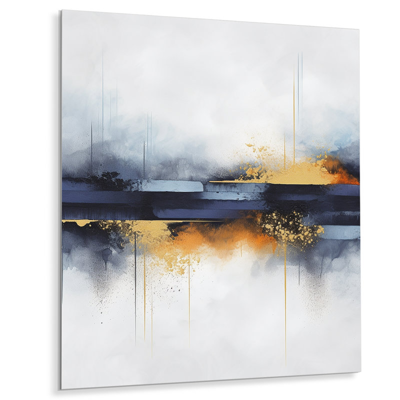 Abstrait en marbre bleu et jaune cascade V - Art mural abstrait en métal, H 20 po x l 12 po x P 1 po