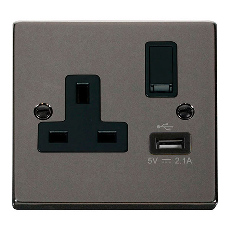 Black Nickel 1 Gang 13A DP 1 USB Switched Plug Socket