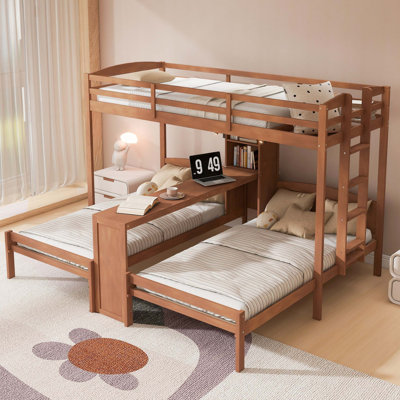 Space-Saving Triple Bunk Bed with Integrated Desk and LED Lighting