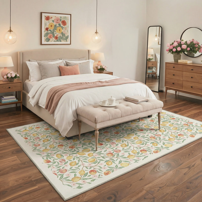 Fruition Floral Machine Washable Warm Ivory Indoor Area Rug With Non-Slip Backing, Rectangle 9' x 12'