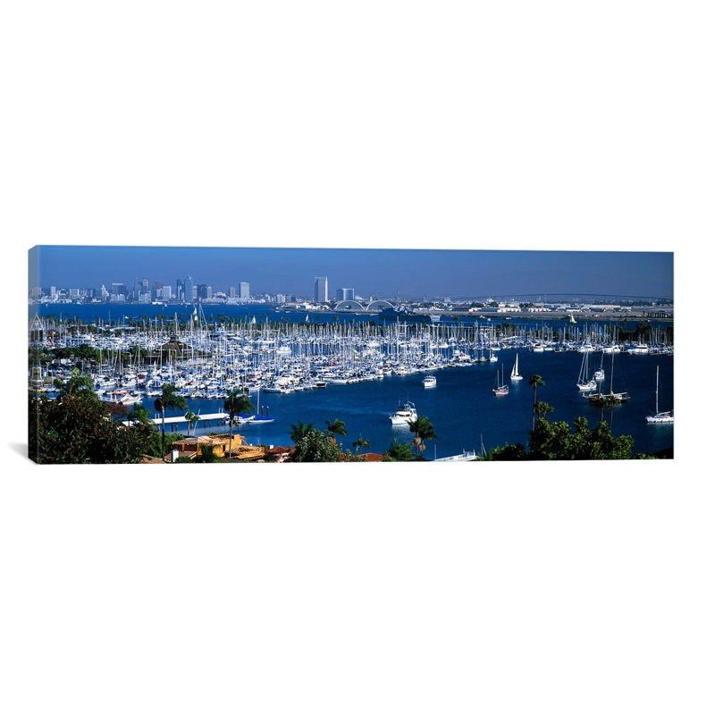 Panoramic Aerial View of Boats Moored at a Harbour, San Diego, California Photographic Print on Canvas