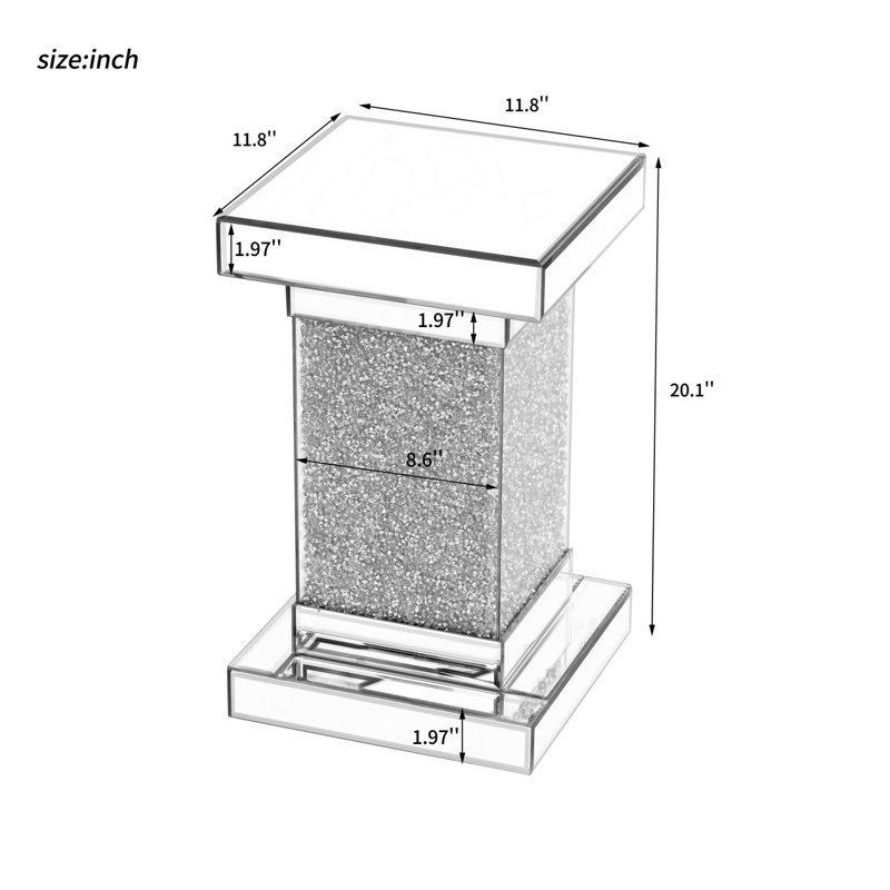 11.8''  Square Mirrored End Table With LED S, Modern Side Table With Crushed Diamond For Living Room, No Assembly Required