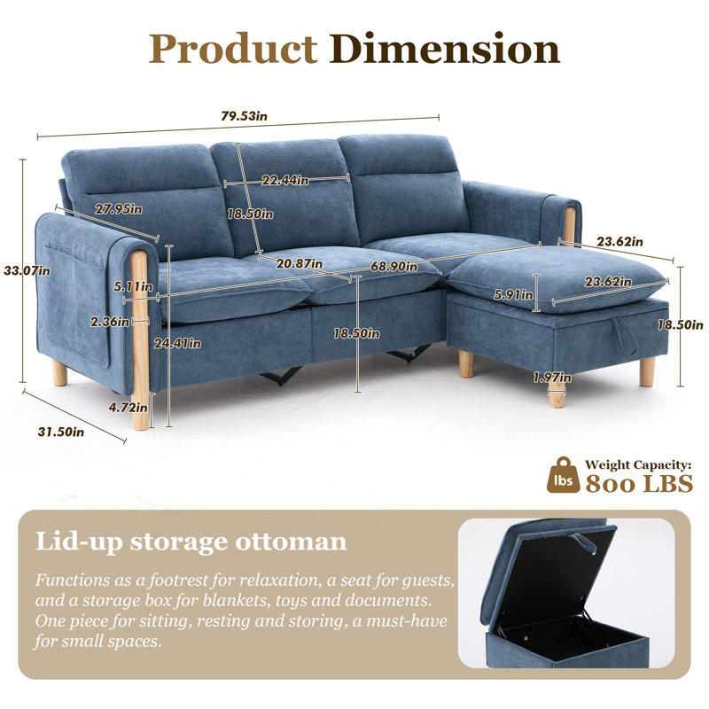 79" Modern Sectional Sofa,L-Shape Chenille Couch with Storage Ottoman,Upholstered Sofa with Side Pockets for Living Room,Apartment