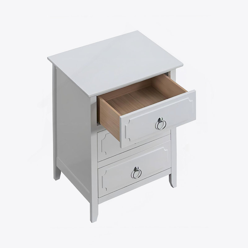 Table de chevet 3 tiroirs blanche entièrement assemblée avec quincaillerie en nickel poli et tiroirs à queue d'aronde