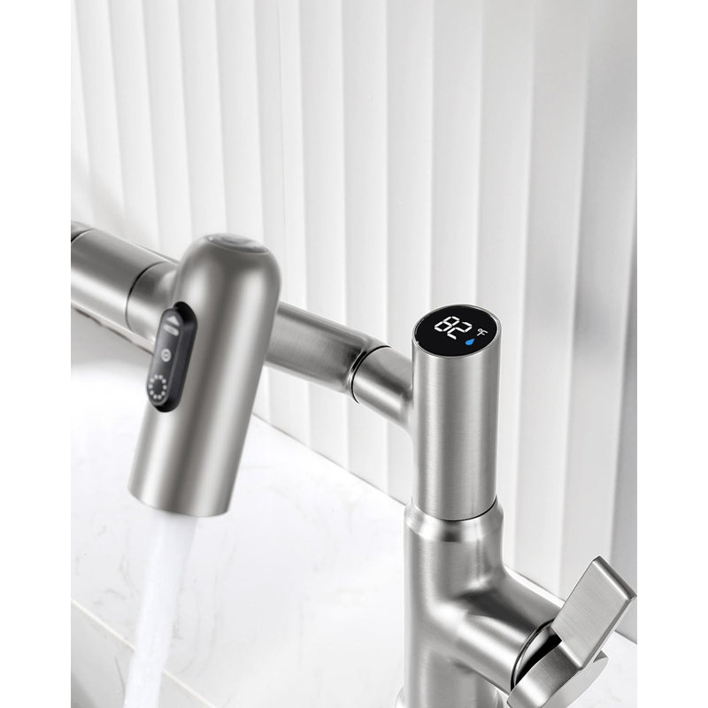 Rotatable Bathroom Faucet With Temperature Display In Fahrenheit (Batteries-Free), 3 Water Modes, Brushed Nickel, BF2204-0
