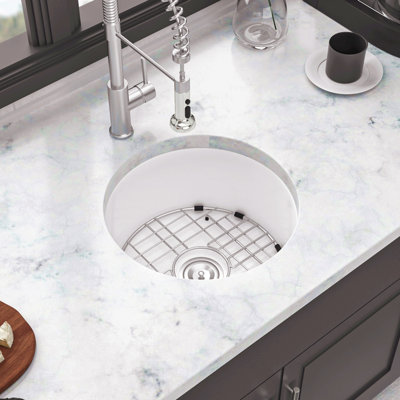 18 Inch Dual Mounted Single Bowl Ceramic Circular Kitchen Sink With Drain Assembly And Bottom Grid
