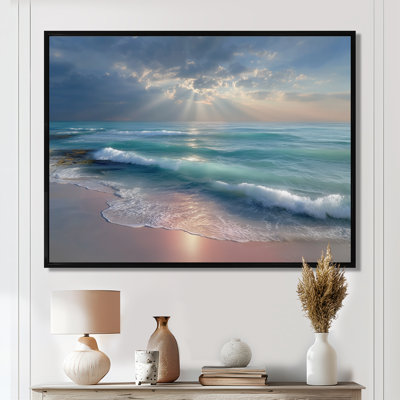 «White and Pink Sunset Gentle Waves», art mural plage, impression sur toile côtière blanche