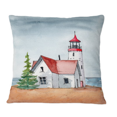 Coussin décoratif à imprimé campagnard avec phare et cabane sur la colline et la mer