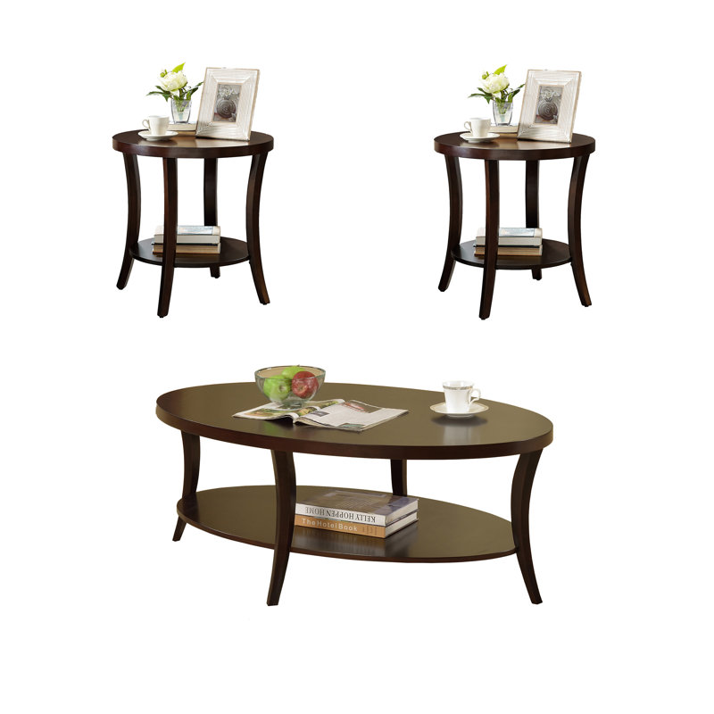 Espresso Poplar Wood 3-Piece Oval and Round Coffee Table Set