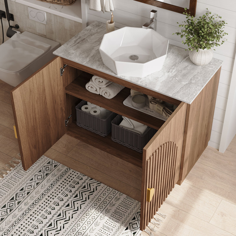 36" Vintage Brown Walnut Bathroom Vanity Base With Stone Countertop, Ceramic Sink, Included Drain & Adjustable Shelf, Gray