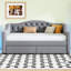 Lit de jour gris rembourré simple TG avec DEL sur les deux côtés, 2 tiroirs et chambre à coucher recouverte de lin avec un aspect rembourré pour un repos confortable-782826191