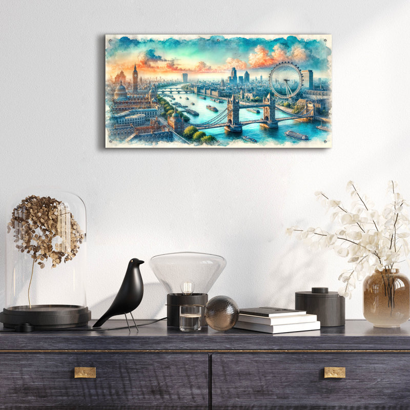 «London UK Watercolor» par Rey Klimt, art mural en verre acrylique, H 24 po x l 48 po