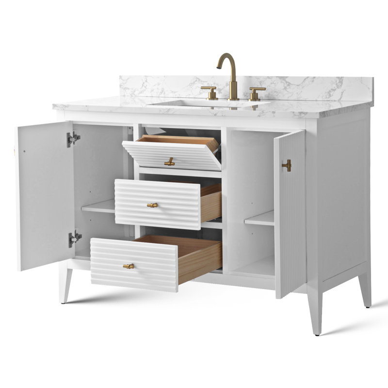 Meuble-lavabo simple 48 po avec plateau en marbre, Doré brossé, Blanc