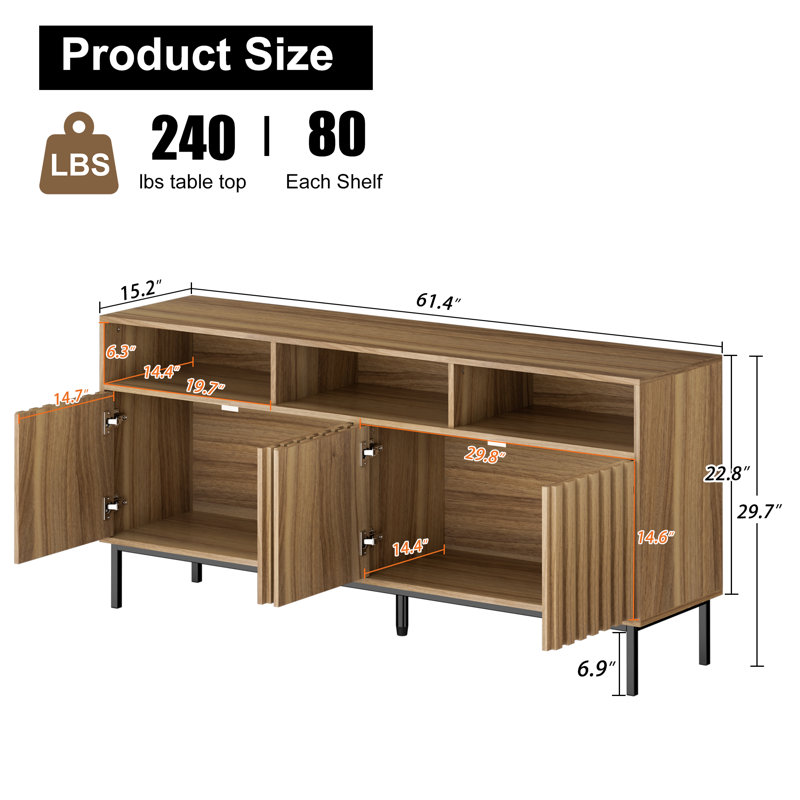 61.4'' Walnut Fluted Sideboard with Metal Legs