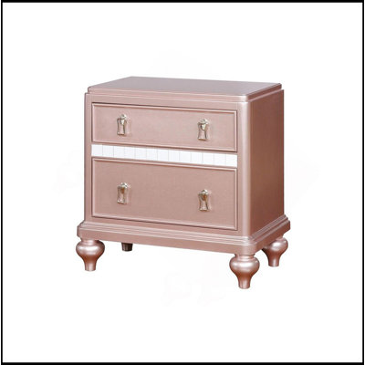 Table de chevet 2 tiroirs en bois avec bordure miroir, or rose