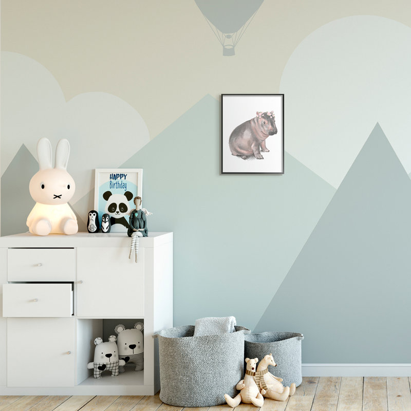 Illustration florale d'un bébé hippopotame floral, Giclée encadrée noir minuit, H 14 po x l 11 po