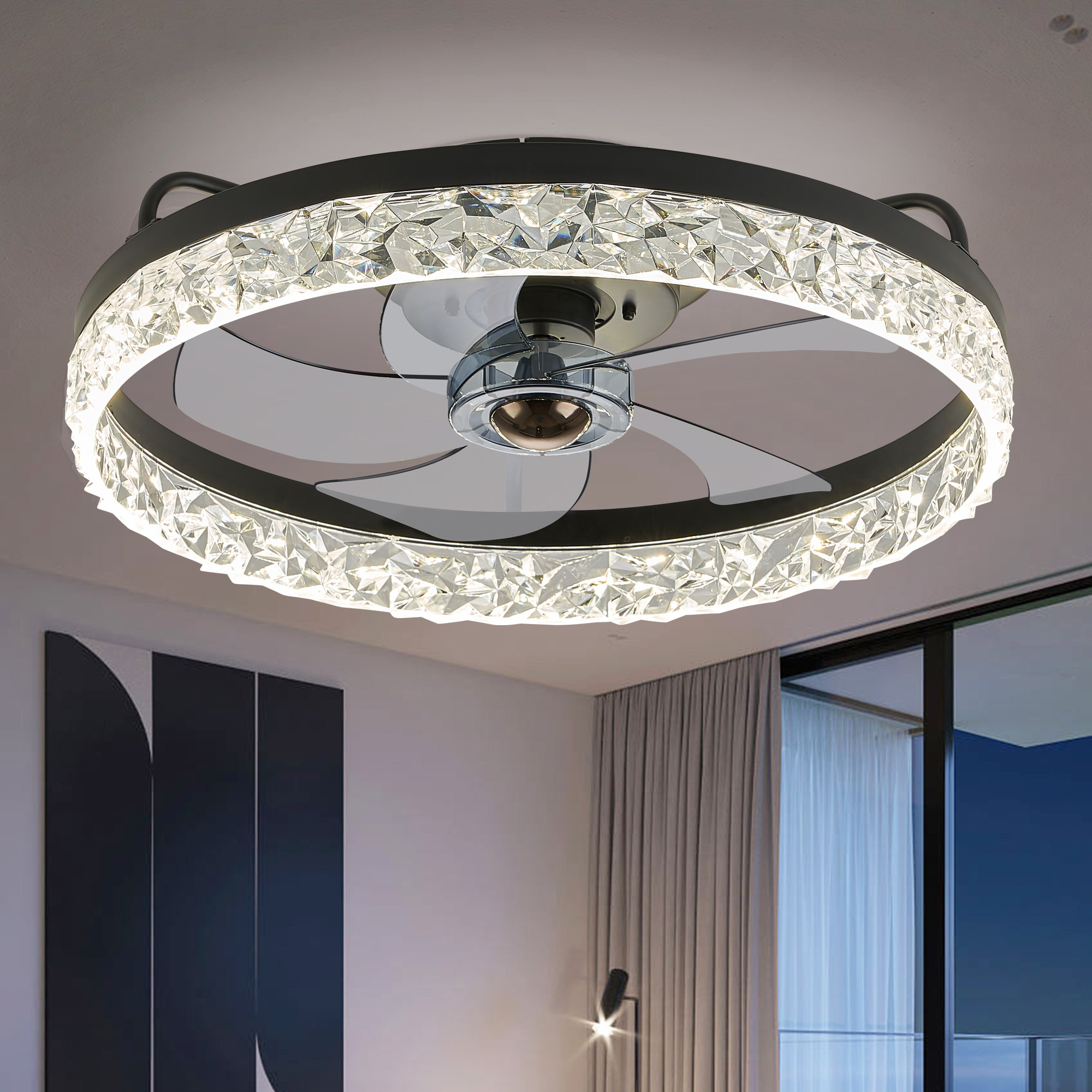 16'' Circular Dimmable LED Modern Ceiling Fan Light Chandelier with Fan