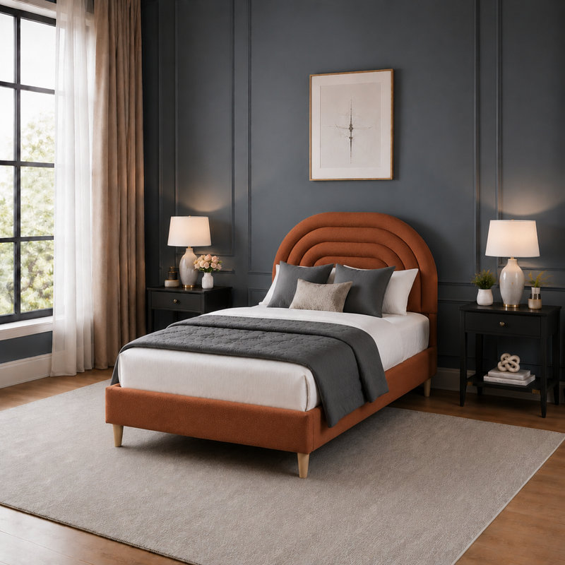 Halis Upholstered Scalloped Bed, Twin, Ochre Teddy