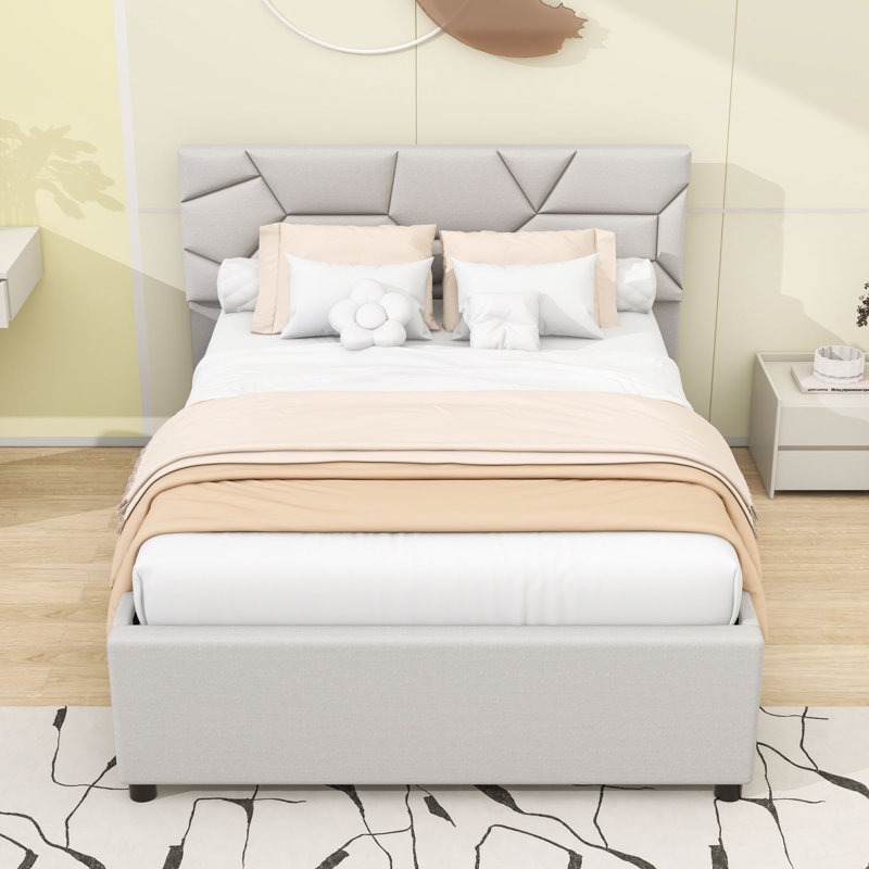 Lit plateforme double avec lit gigogne et tête de lit double, Beige