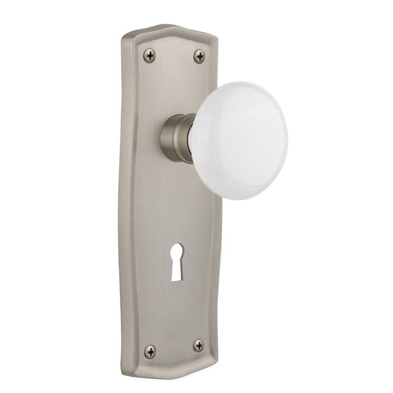 Prairie Plate with Decorative Keyhole and White Porcelain Door Knob, Satin Nickel, 2-3/4”