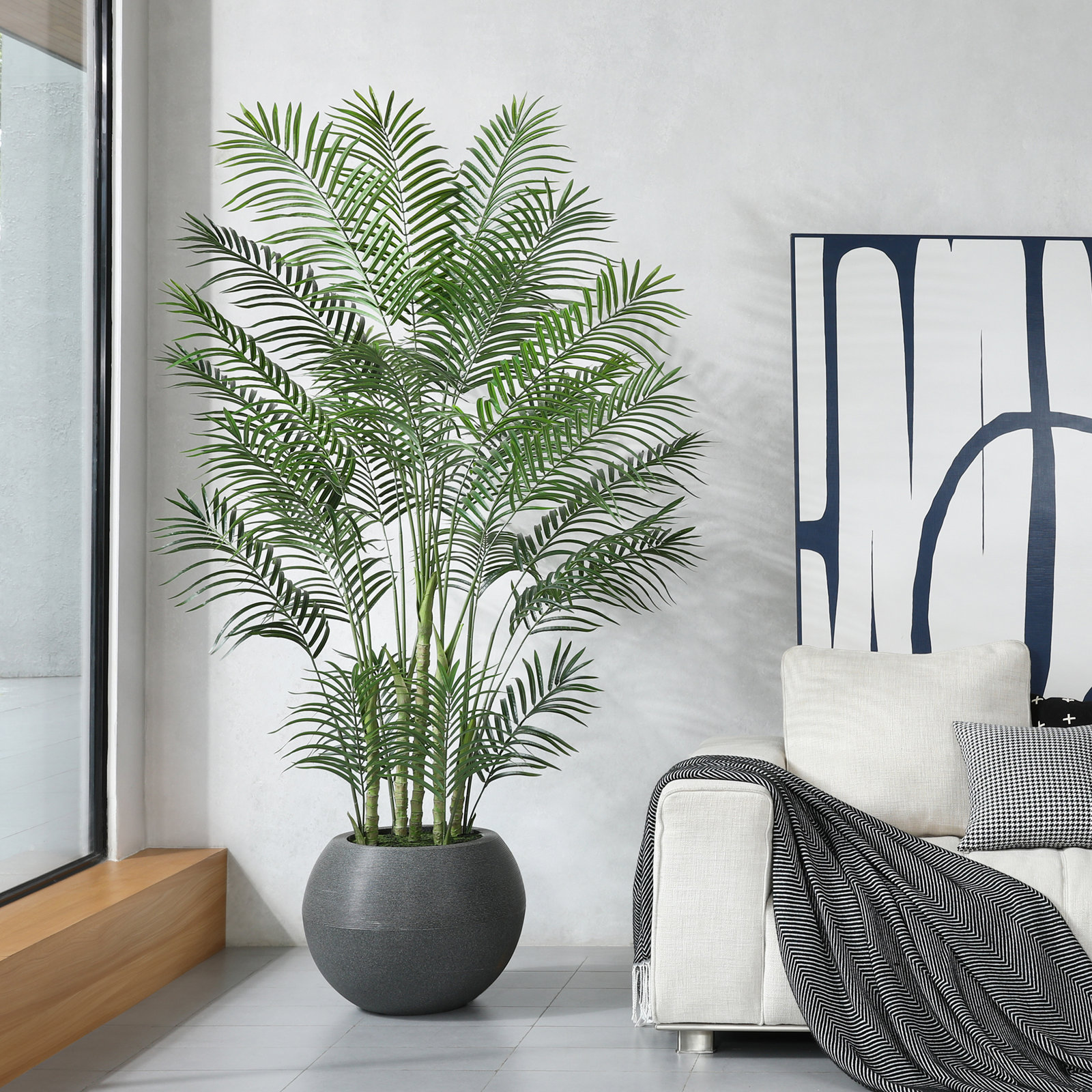 Adcock 7ft UV Resistant Fake Palm Tree with Grey Tall Planter for Indoor Outdoor Office Home Decor