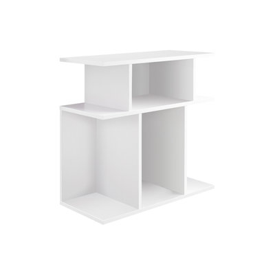 Bedroom White Side Table With 6 Display Shelves, Contemporary Finish Laminate Nightstand Open Concept Shelves For