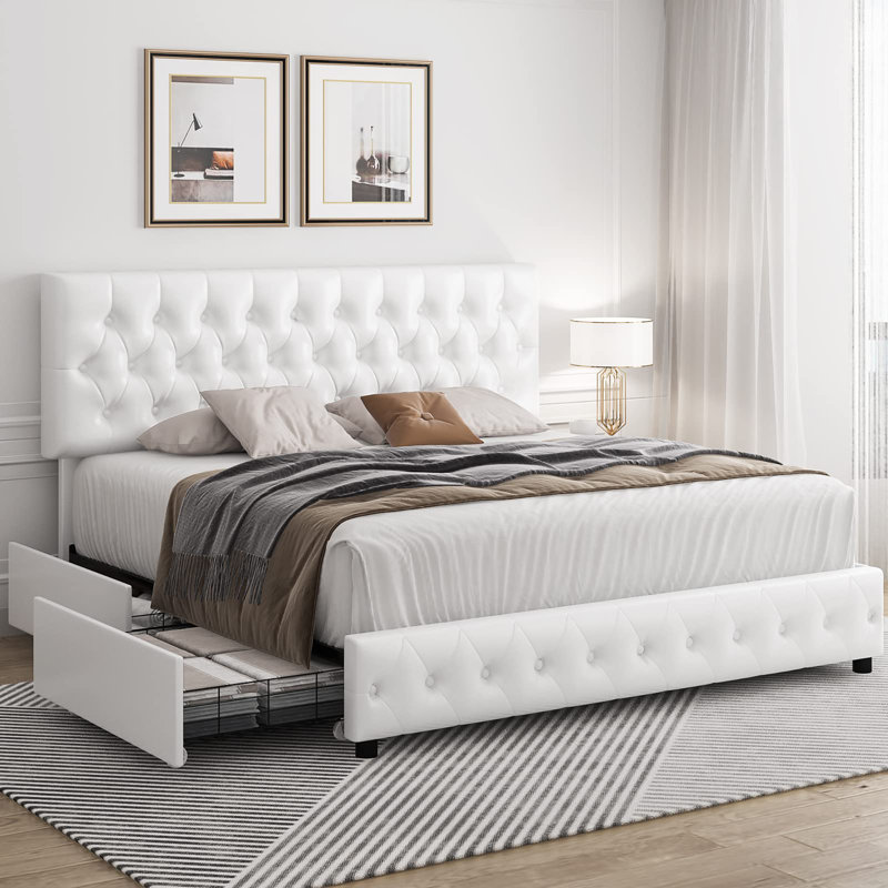 Structure de lit moderne avec 4 tiroirs, Lit double, Blanc