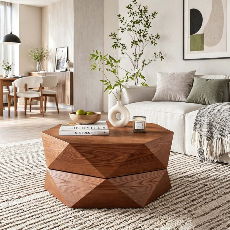 Table basse 36,61 po style rétro Polygon, table basse cylindrique en placage de bois massif, Reddish Brown