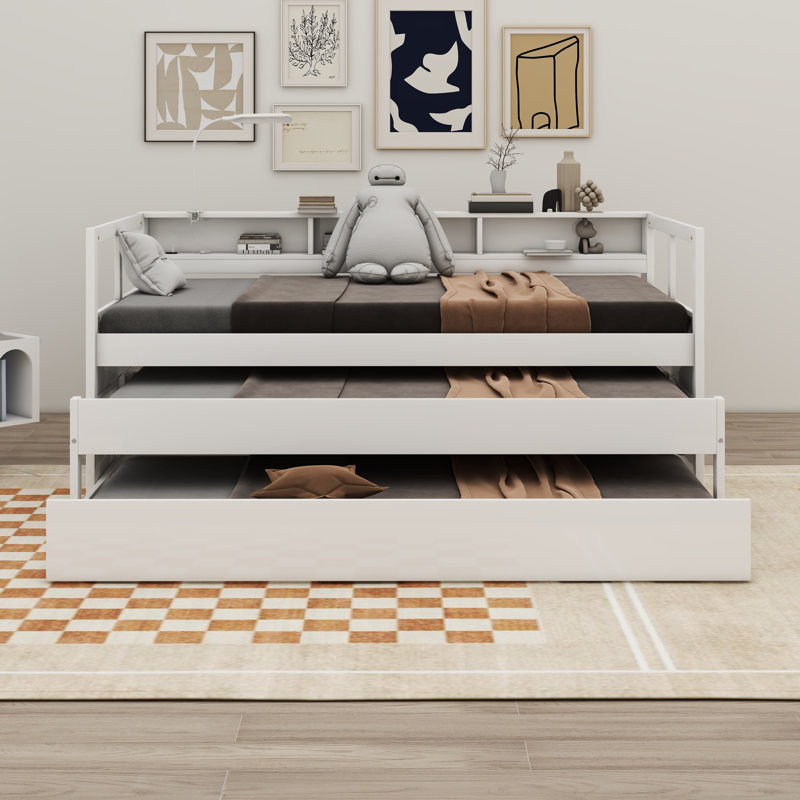 Priscyla Wood Daybed with 2 Trundles, 3 Storage Cubbies, White