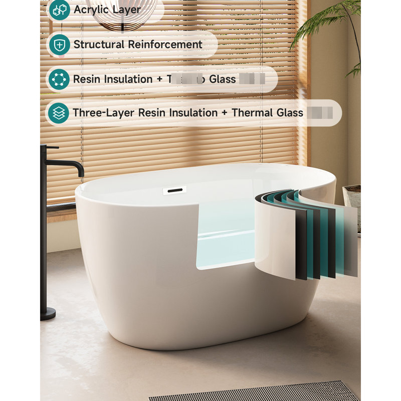 Baignoire autoportante 47 po en acrylique ovale blanche, spacieuse et hygiénique, salle de bain approuvée et approuvée