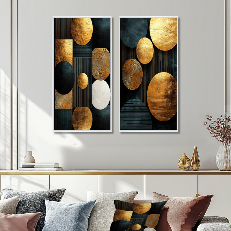 Formes géométriques V - Art mural abstrait 2 pièces, H 28 po x l 25 po, Reproduction encadrée sans passe-partout, Blanc