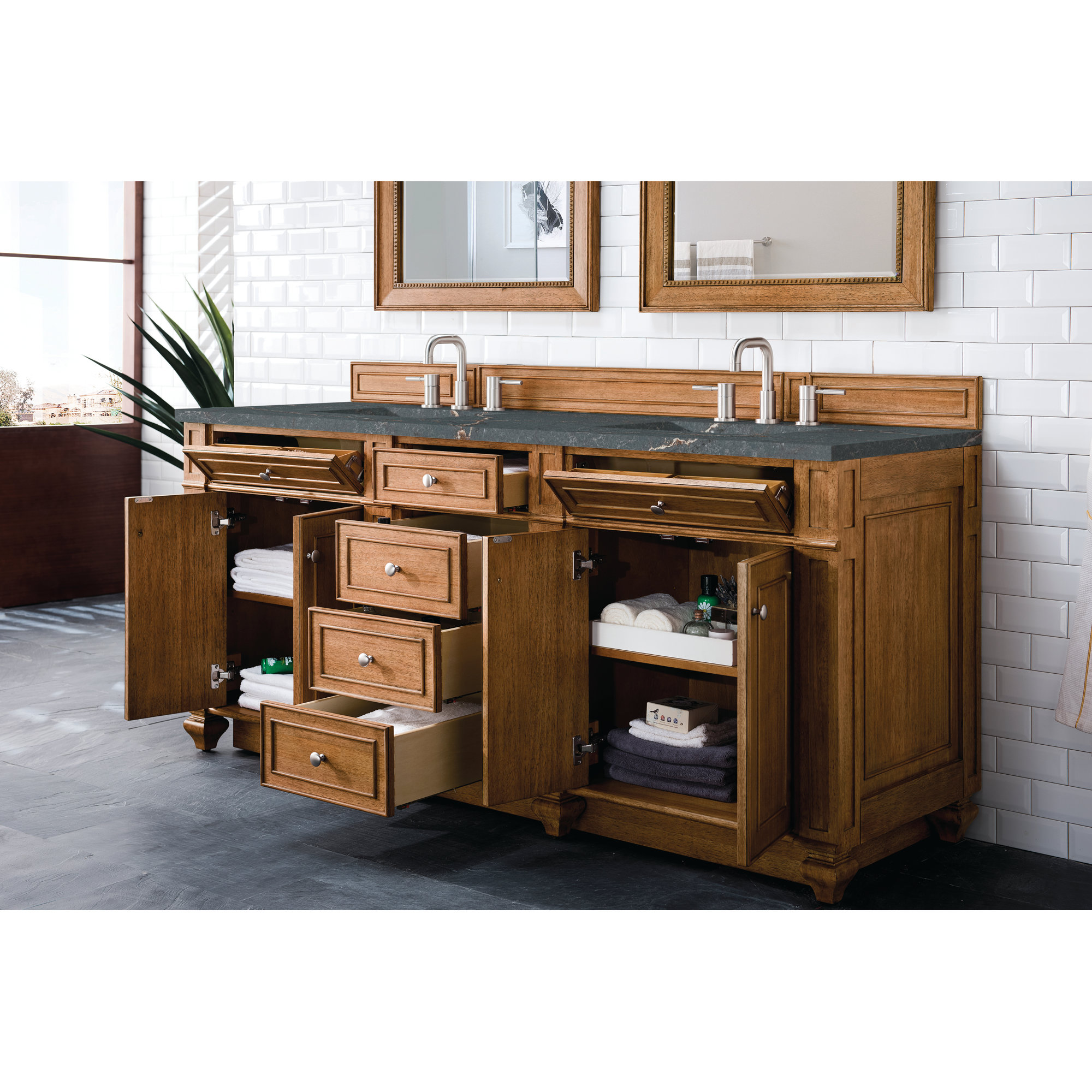 Bristol 72'' W Double Vanity, 8" Widespread, Saddle Brown, Parisien Bleu