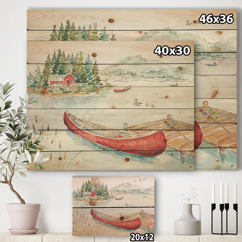 Lake House Canoes II - reproduction de Lake House sur bois de pin naturel, H 20 po x l 20 po x P 1 po