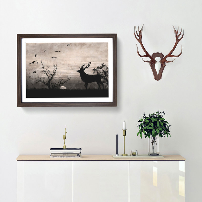 Stag Deer with Birds - Picture Frame Graphic Art Print, Walnut Framed, 62cm H x 87cm W x 2cm D