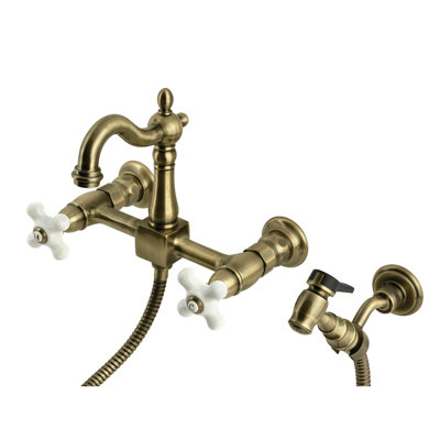 Kingston Brass Heritage Double-Handle 3-Hole Wall-Mount Bridge Kitchen Faucet with Brass Sprayer