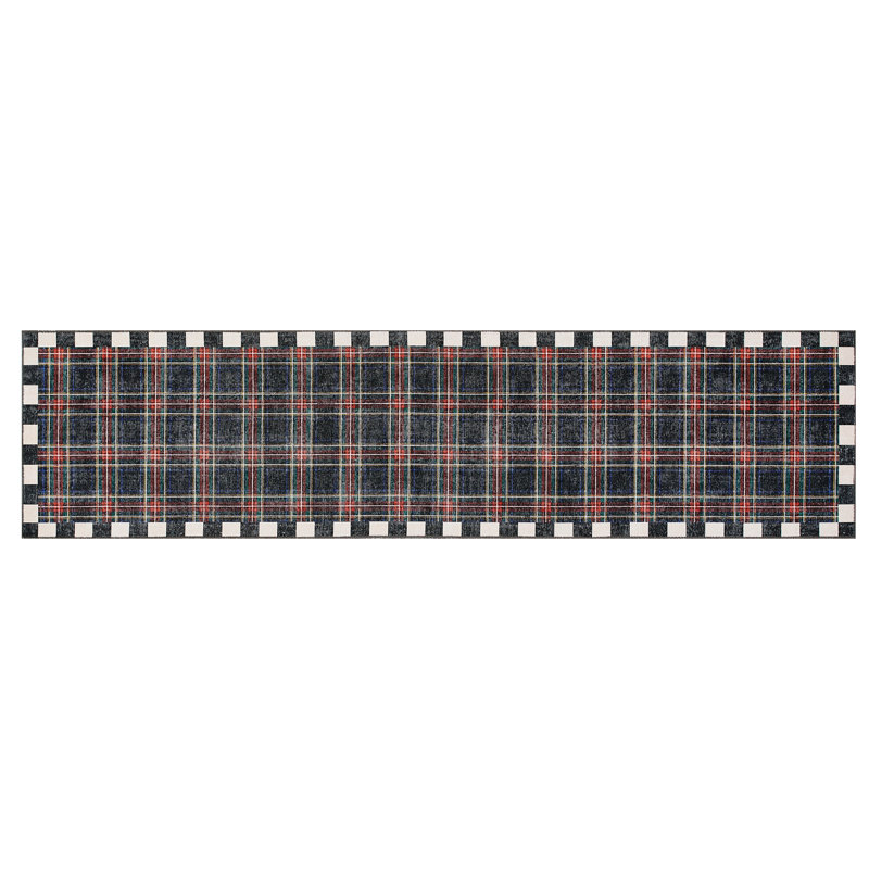 Stewart Tartan Black Washable Rug, Runner 2'6" x 10'