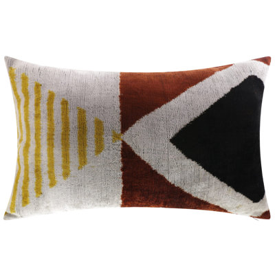 Handmade Silk Velvet Geometric Throw Pillow - 16X24, Black, Gold, And Rust Brown Modern Design With Down Feather Insert