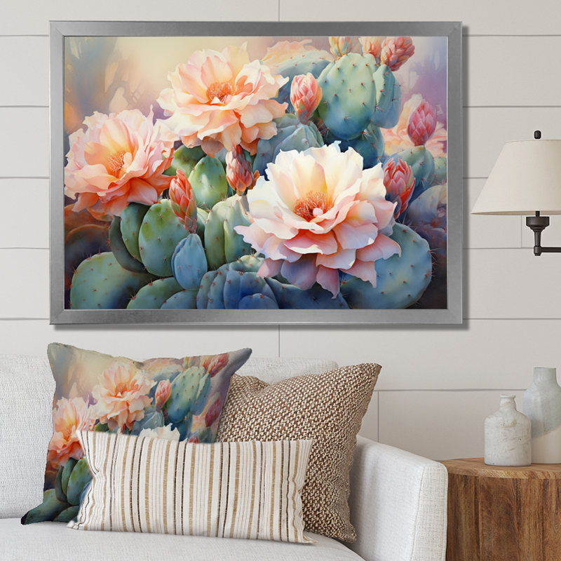 «Peach Green Cactus Romantic Impression», reproduction sur toile, H 12 po x l 20 po x P 1 po, Cadre simple argenté