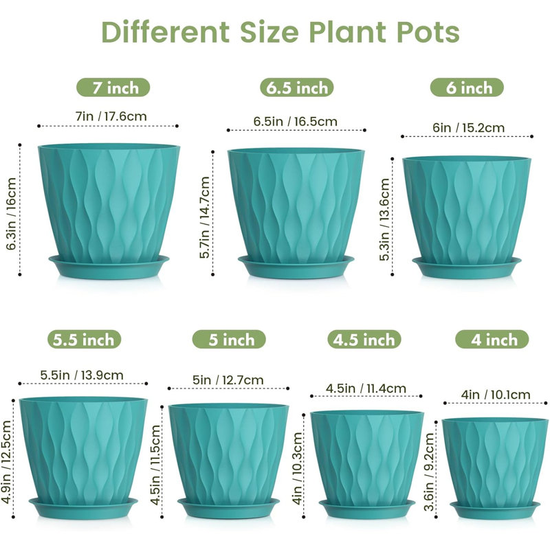Ensemble de 7 pots à plantes en plastique bleu et vert (7 / 6,5 / 6 / 5,5 / 5 / 4,5 / 4 pouces)
