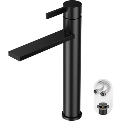 Robinet de lavabo vasque de salle de bain noir mat à un trou, robinet de meuble-lavabo monotrou à poignée simple, avec bonde escamotable et conduite d'alimentation en eau