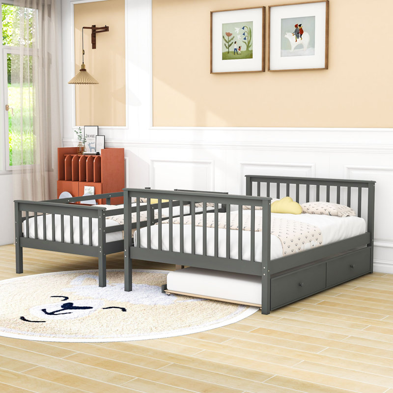 Lit superposé simple au-dessus de double avec tablettes de rangement et lit gigogne simple Stairway, Gris