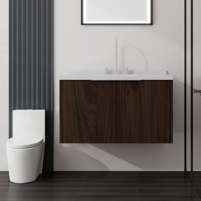 Meuble-lavabo de 91 cm avec lavabo, armoire de rangement suspendue en contreplaqué avec portes à fermeture amortie, comptoir en marbre reconstitué, brun