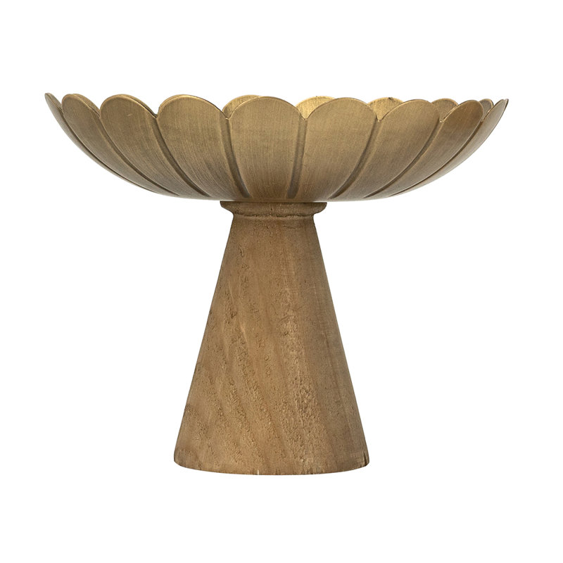 Cuvette piédestal en fer D10x8 avec motif de fleurs dorées et base en bois de pin brun, H 7,9 po x l 9,8 po x P 9,8 po