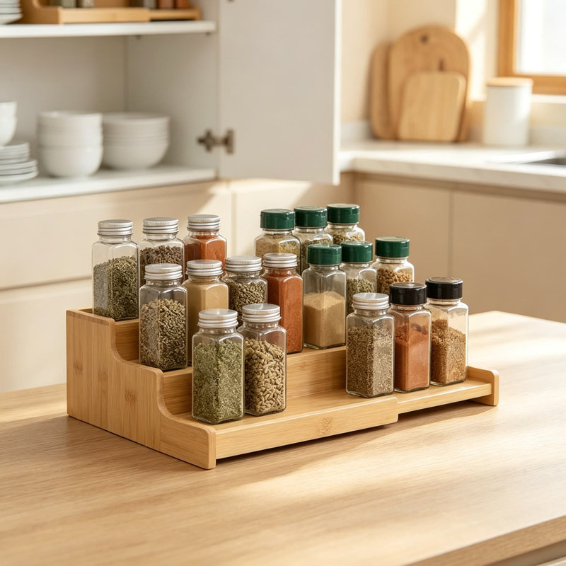 Étagère à épices réglable pour armoire et comptoir, organisateur d'assaisonnement en bambou à 3 niveaux pour bocaux et bouteilles, solution de rangement de cuisine peu encombrante (paquet de 2)