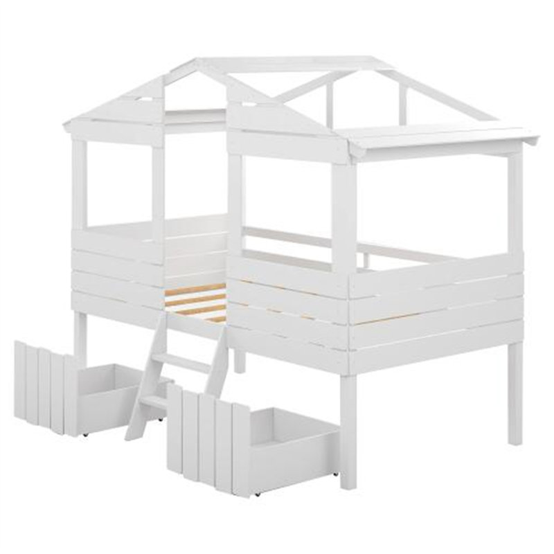 Lit mezzanine simple avec deux tiroirs, lit, enfant, adulte, mezzanine, style maison, gris, Blanc